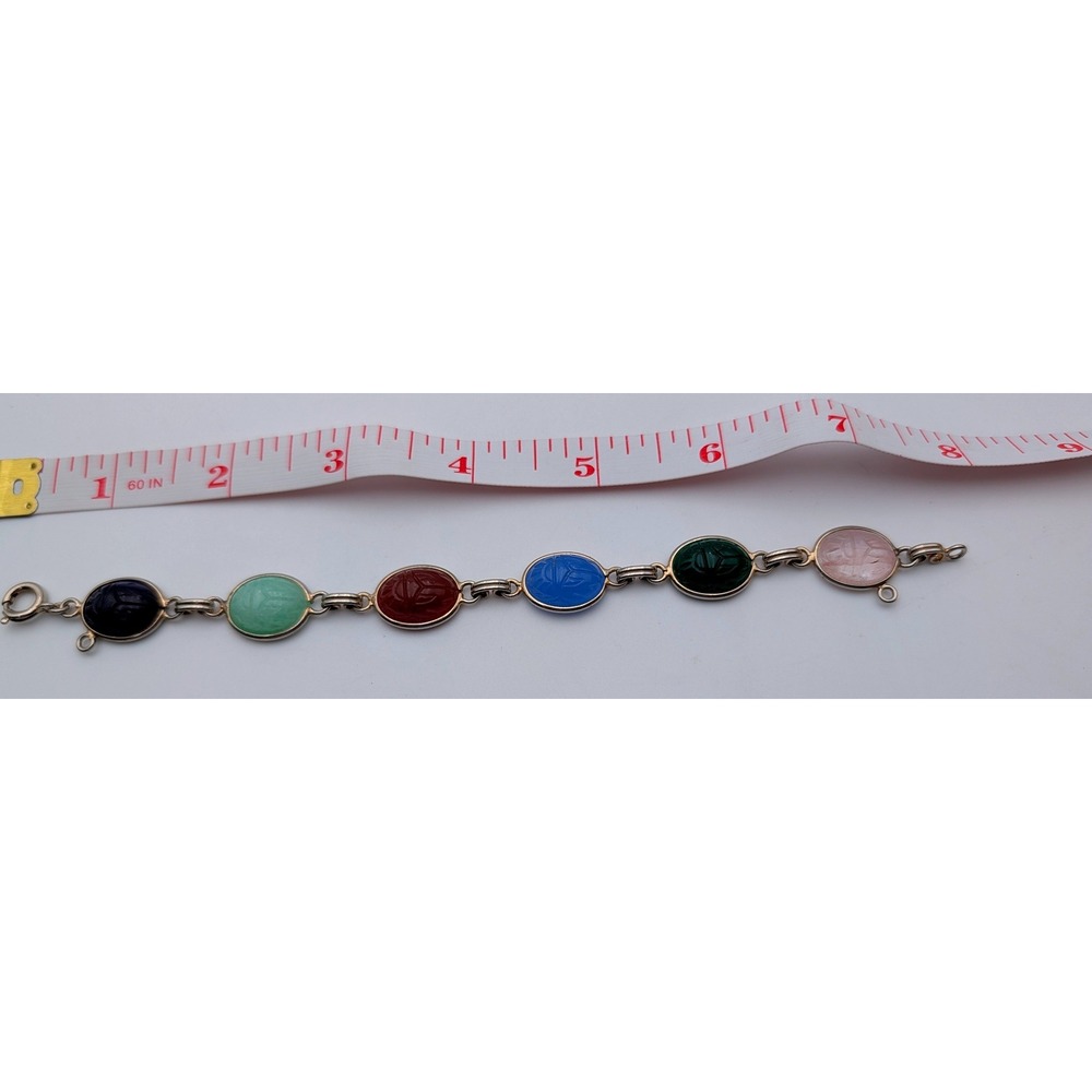 Vintage Multi-Gemstone Scarab Bracelet Gold Tone Egyptian Revival 7.5 Inch
